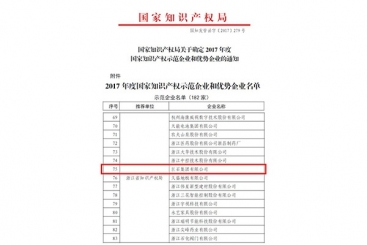 玉祥集团集团被评为2017年度国度知识产权示范企业